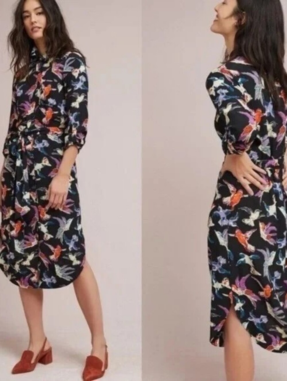 Anthropologie Maeve Martina Bird Button Shirt Midi Dress Size 00P